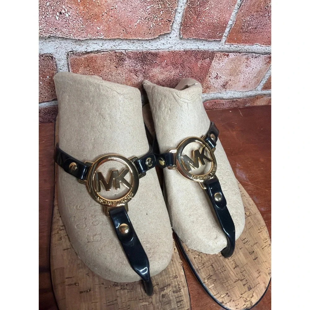 Michael Kors Womens Black Patent Cork Thong Sandals Gold MK Logo Flats Size 6M